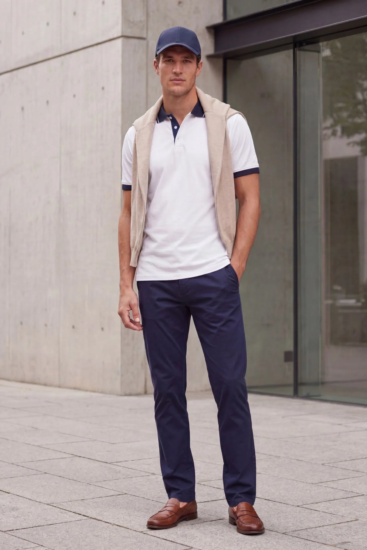 Chino-Hose in Blau für große Männer – getragen am Model
