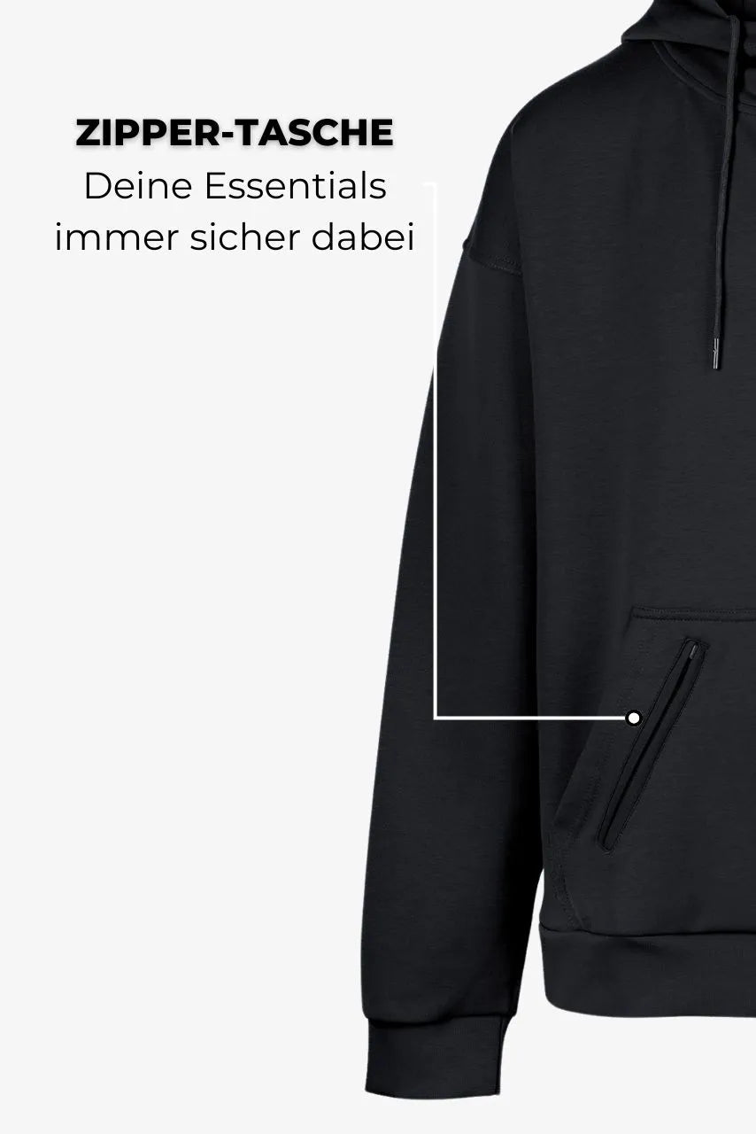 Henley Hoodie in Schwarz für große Männer – Reißverschluss-Detail