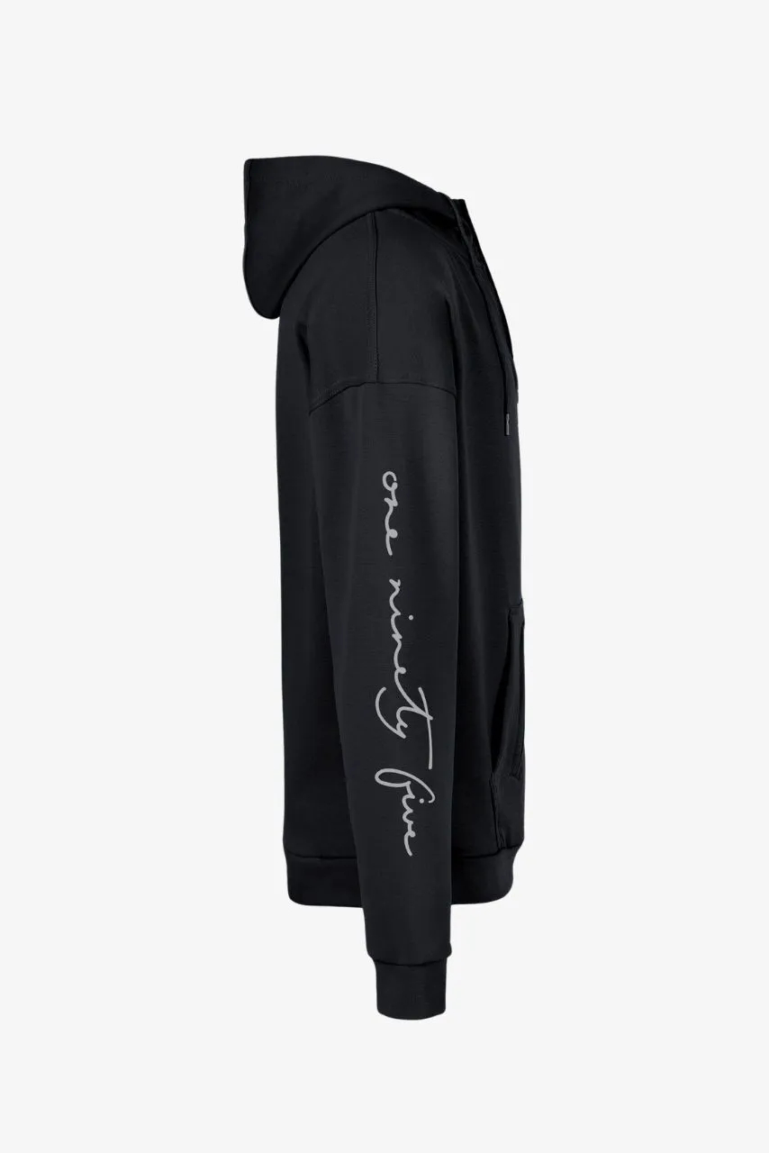 Extra-langer Henley Hoodie in schwarz mit extra langen Ärmeln und mit Signature Print auf dem Arm