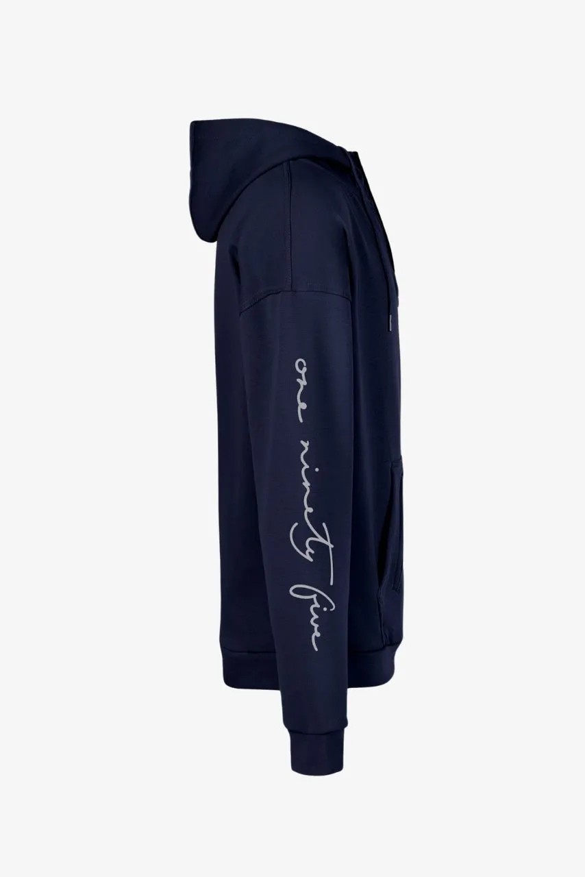 Extra-langer Henley Hoodie in navy mit extra langen Ärmeln und mit Signature Print auf dem Arm