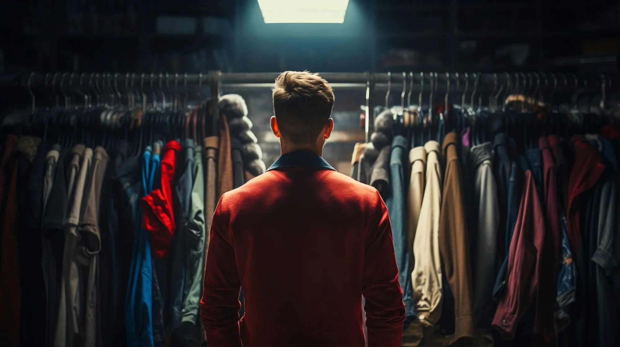 Man vor einem großen Kleiderschrank