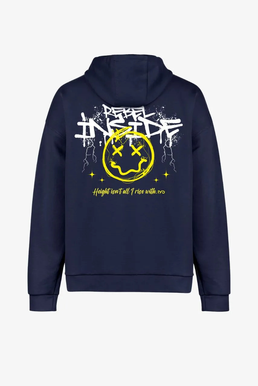 Extralanger Henley Hoodie in navy mit Backprint auf dem Rücken