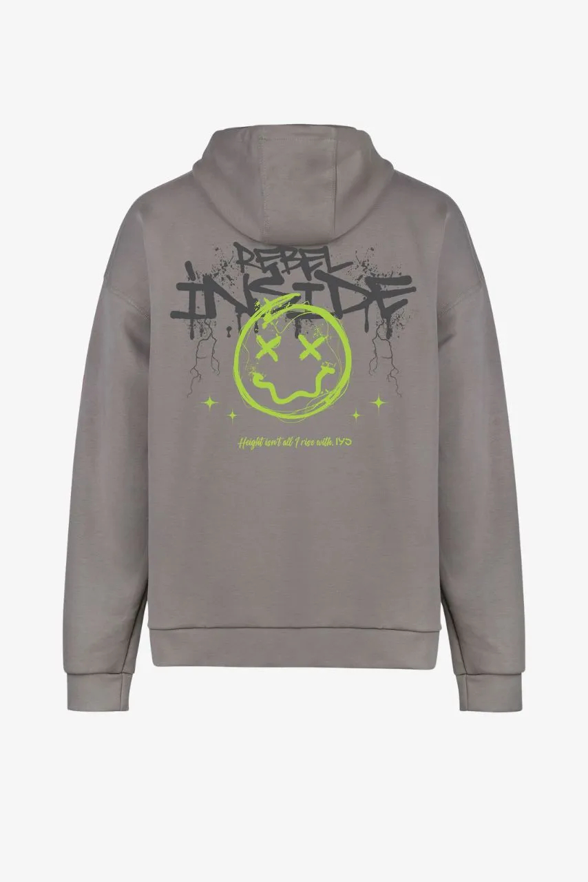 Extralanger Henley Hoodie in creme mit Backprint auf dem Rücken