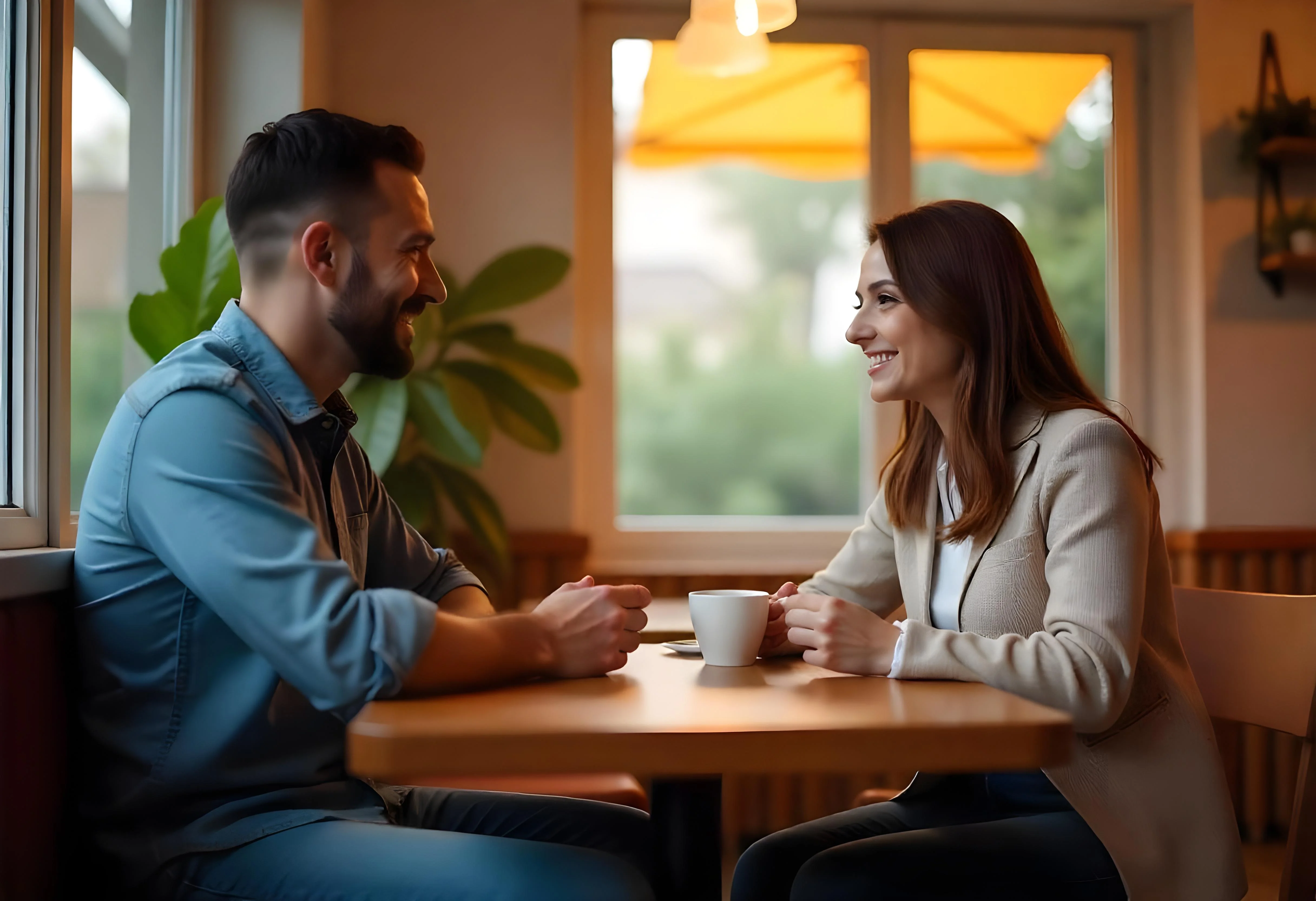 ein großer Mann sitzt mit einer kleinen Frau am Tisch und lachen zusammen